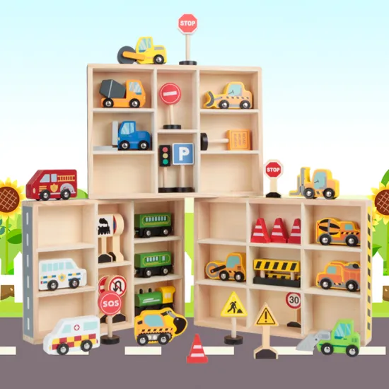 Wooden Toddler Early Learning Car Toys: Emergency Vehicle Play Set with 9pcs Transportation & Street Signs