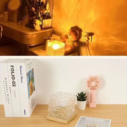 3D Rotating Crystal Aurora Lamp with Blue Dynamic Water Ripple Cube Night Light