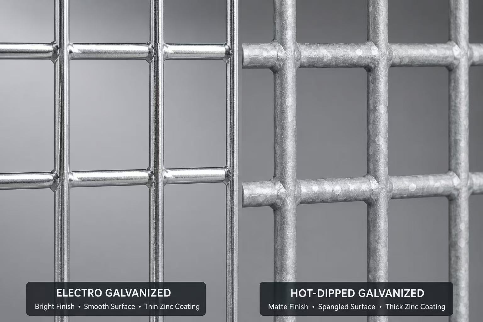 ANJIA Group side-by-side comparison of electro galvanized and hot-dipped galvanized wire mesh panels