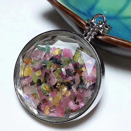 Tourmaline Chips Pocket Watch Shape Pendant Wishing Bottle Necklace