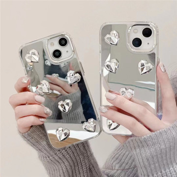 Korea 3D Love Heart Makeup Mirror Phone Case for iPhone 14/12/11/13 Pro Max