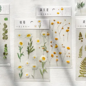 Japanese Words Flower and Leaf Deco Stickers: Natural Daisy, Clover, and More