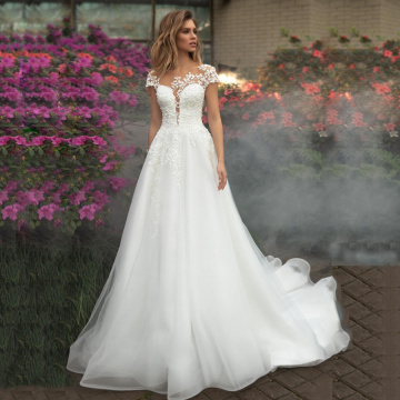Elegant Wedding Dress 2020 Cap Sleeves Scoop Neck Wedding Gowns Tulle Applique White Bride Dress Vestido De Noiva Sweep Train