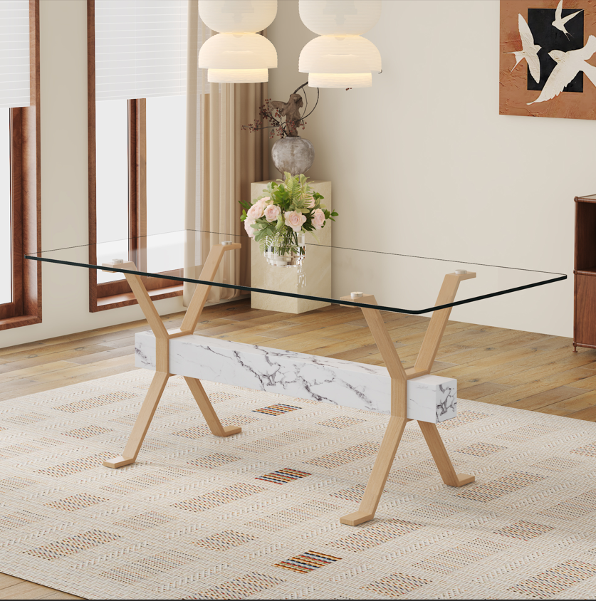 Elegant Glass Surface Dining Table with Cockroach Leg