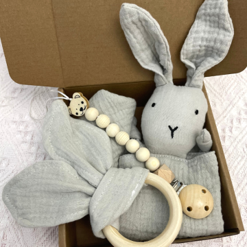Customized Baby Gift Set: 4-Piece Soft Nature Rabbit Theme Blanket, Teething Ring, Bib, and Pacifier Chain Clip for Newborns