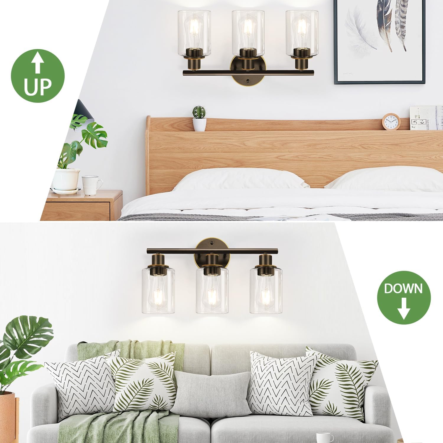 3-Light Light Fixtures Farmhouse Wall Lights with Glass Shades for Mirror Kitchen Bedroom Hallway Living Room (13)