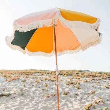 Customize Logo Wooden Pole Canvas Waterproof Patio Pool Garden Beach Umbrella with Tassels