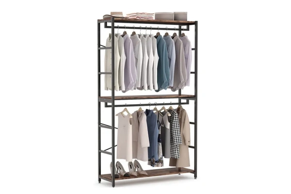 Apparel display rack selection guide showing different material configurations and styles