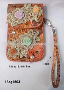 fashion pu leather tote cell phone bag phone bag mobile phone bag with lace flower and rose applique