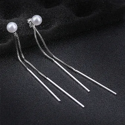 Metallic Pearl Long Straight Tassel Earrings