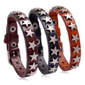 Black Brown Genuine Leather Bracelet with Punk Rock Style Pentagram Charm - Men's Jewelry