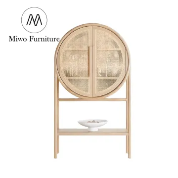 Modern Nordic Solid Wood Cutlery Lockers with Rattan Wine Storage Cabinet