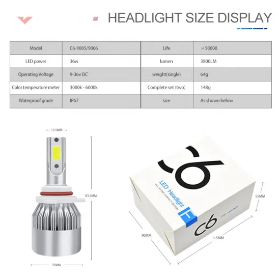 LED Headlight Kit: C6 9005 LED Bulb - 36W, 3800LM Brightness