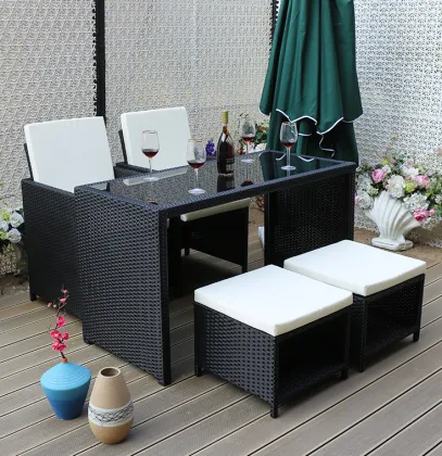 PE Rattan Centro Center Glass Top Coffee Table with Stool