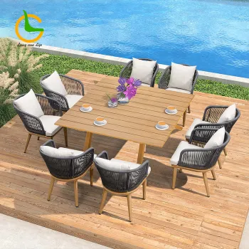 10 Seater Teak Wood Outdoor Dining Set with Rope - Table and Chair Camping Furniture