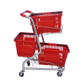 Carrido de supermercados con tres carritos de compras de cestas de plástico