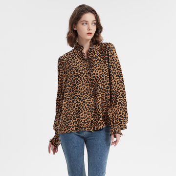 Long sleeve ruffle collar animal print blouse