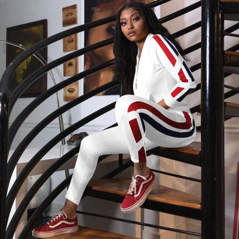 Casual sport 2 piece stripe side women tracksuit