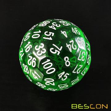 Bescon dados translúcidos poliédricos verdes 100 lados, dados D100, cubo de 100 lados, dados de juego D100 transparentes