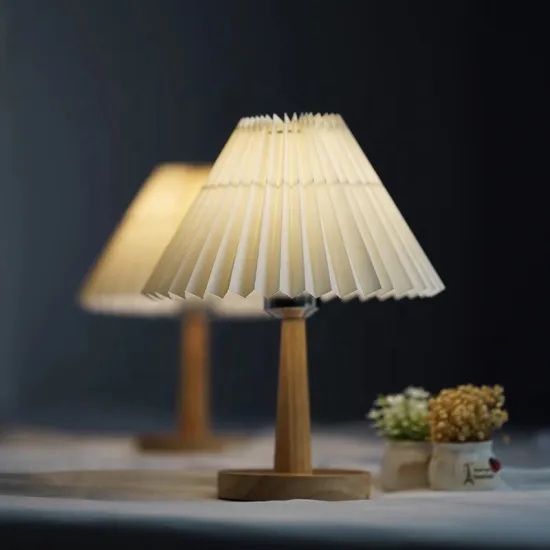 Creative Wooden Bedside Nightlight with Warm LED Table Lamp and Simple Fabric Lampshade