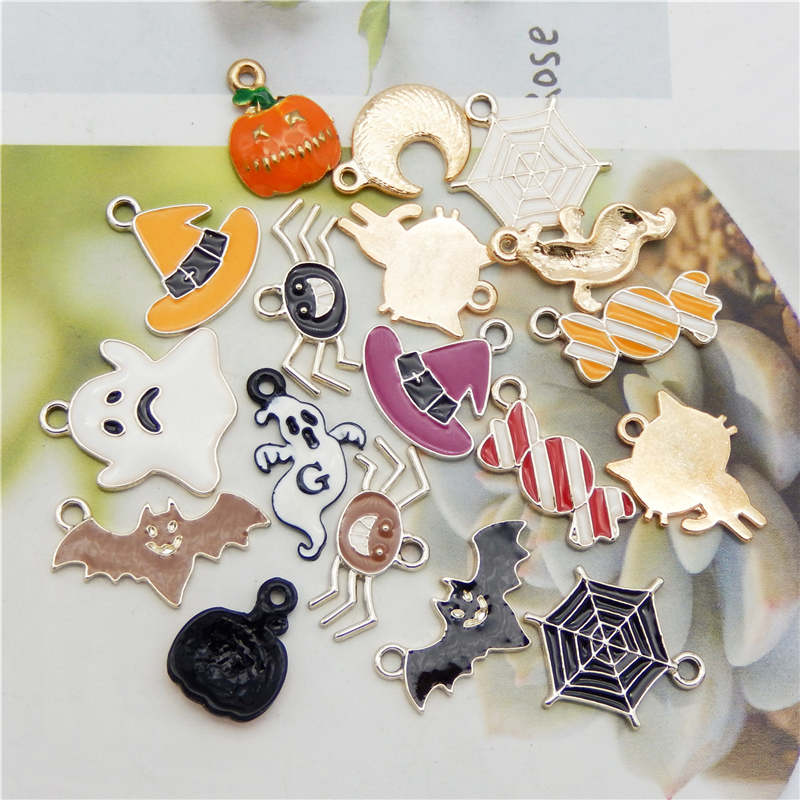 Julie Wang 18PCS Enamel Halloween Charms Mixed Candy Ghost Pumpkin Bat Spider Cat Hat Alloy Pendant Jewelry Making Accessory