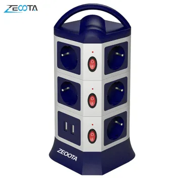 Tower Power Strip Vertical Outlets EU Electric Plug Sockets USB Ports Individually Switches 1.8m/6ft Retractable Extension Cord