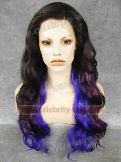 Brown frost with purple and voilet Long Wavy Christina Aquilera Synthetic Lace Front Wig
