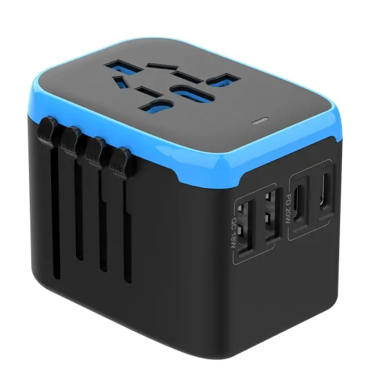 All-in-One Universal Travel Adapter with USB and Type-C Charger, Includes 4 USB Ports and Wired Earphones