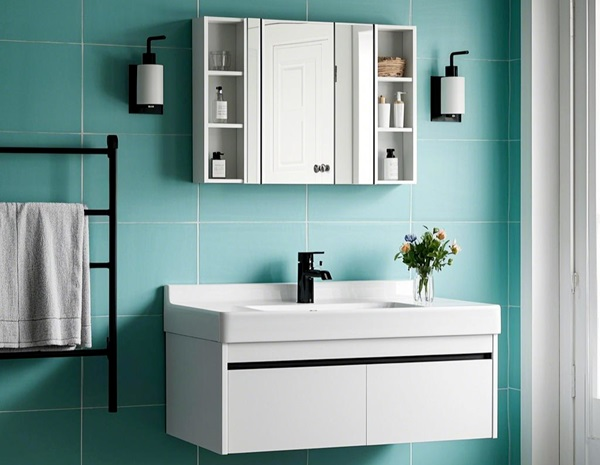 Juego de tocador de baño moderno y minimalista de pared con acabado blanco puro