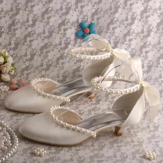 Off white Bridal Kitten Heels with Pearl Strap