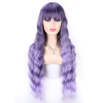 Cheap long Loose Body Wave Cosplay purple gradient wig with neat Bang Natural Fluffy Long Wavy Synthetic hair Wigs for women