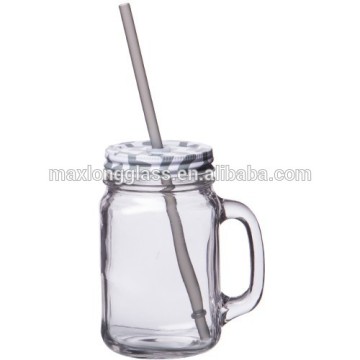 Clear Handle Jar glass-500ml with Grey lid and straw