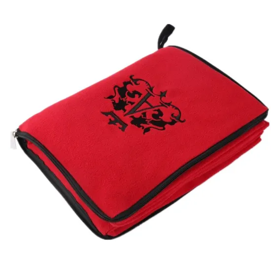 Customized RED color 2 in 1 Polar Fleece Pillow Travel Blanket With zipper Embroidery logo