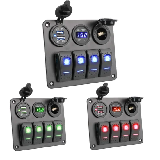 4 Gang Circuit Dual USB Panel with Aluminum Frame, Digital Voltmeter and LED Rocker Switch