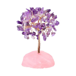 Raw Ameythyst Tree Life Rose Quartz Base Copper Wire Spiritual Meditation Energy Room Office Desk Decor Gifts