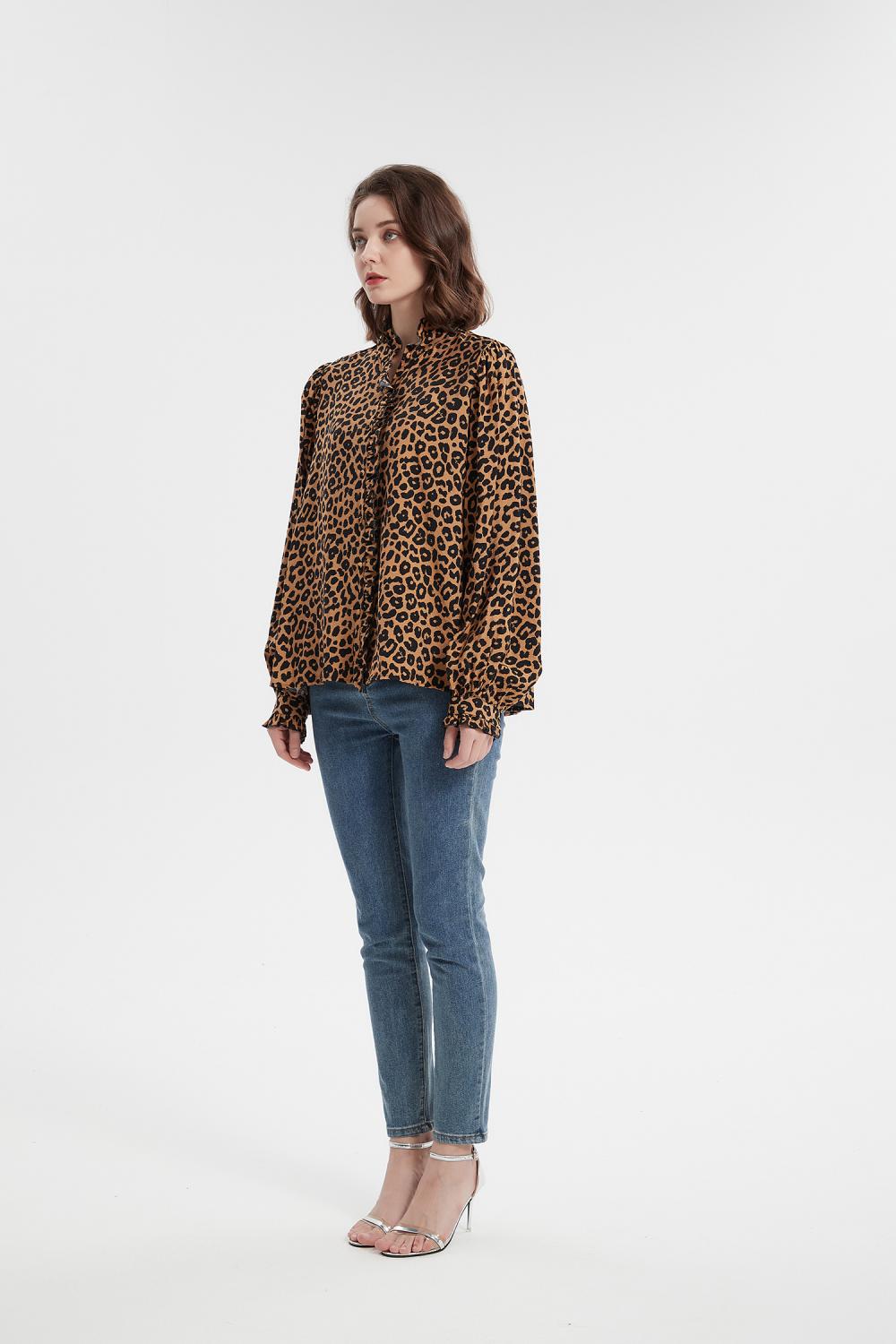 Long sleeve ruffle collar animal print blouse