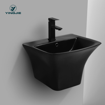 Modern Square Wall Hung Black Wash Basin - Easy to Clean Glazed One-Piece Design