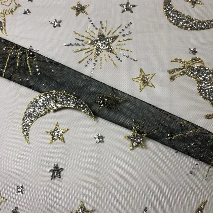 Glitter Lace Pegasus and Star Fabric with Golden Stripes