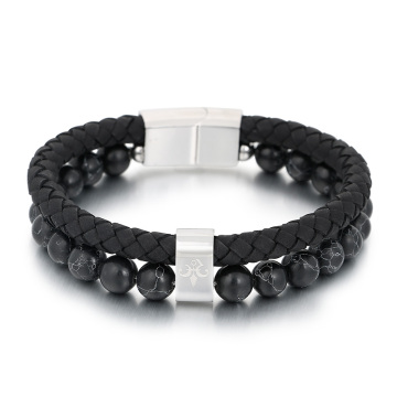 KALEN 210mm Men's Stainless Steel Beads & Cowhide Leather Bracelet
