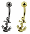 Rhodium Plated Silver Anchor Belly Ring Bar