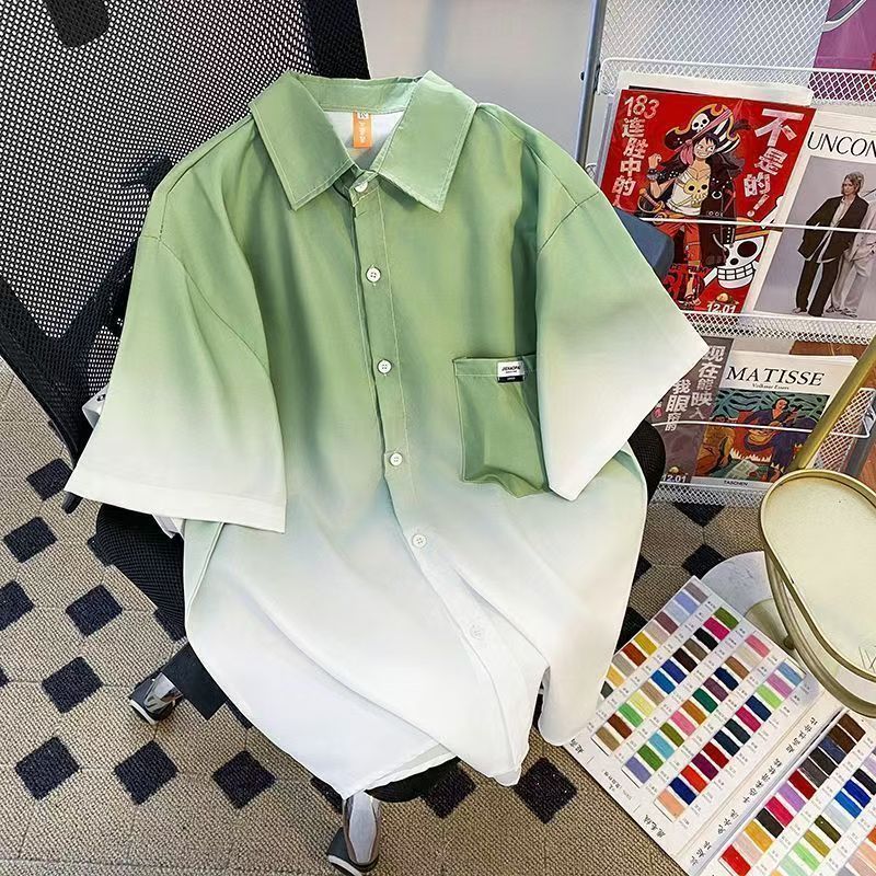 Gradient Color Men Casual Short Sleeve Shirt