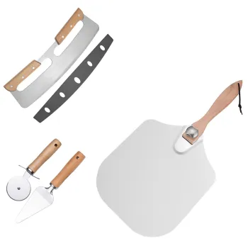 Stainless Steel Pizza Cutter Server Metal Peel Set with Wooden Handle Accessories