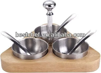 3-bowl Relish server with wood base stainless steel