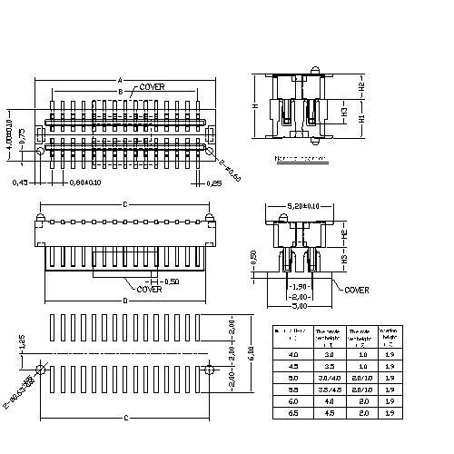 0.8mm  Board to board connector, Male,double groove, mating height=4.0~6.5mm BB0.8M-XXXX02