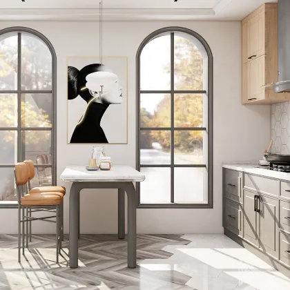 Simple Full Integral Stainless Steel Kitchen Cabinet with Island in Marble Countertop