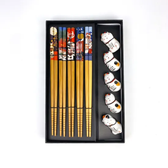 Lucky Cat Shape Ceramic Holders Gift Set: 5 Pairs of Printed Lacquer Wooden Chopsticks