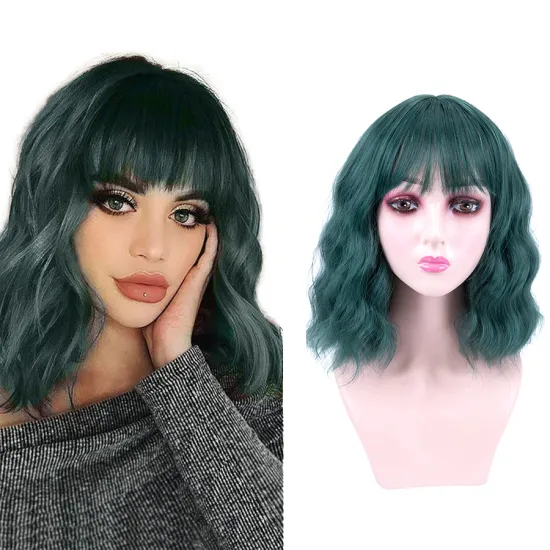 AliLeader High Quality Short Natural Wave Hair Synthetic Wigs with Neat Bangs for Women