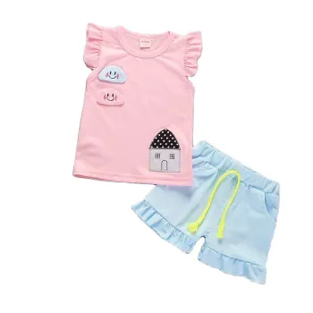Casual Style Sleeveless Cartoon Small House Vest and Shorts: Toddlers' Girl Clothing Sets for 0-4 Years