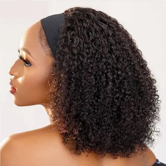 Kinky Curly Headband Wig - 100% Human Hair, Short Afro, 200 Density Deep Wave Scarf Wig