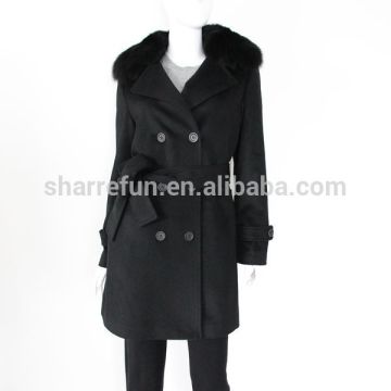 Wholesale Fashion black pure ladies' cashmere winter overcoat with fur collar